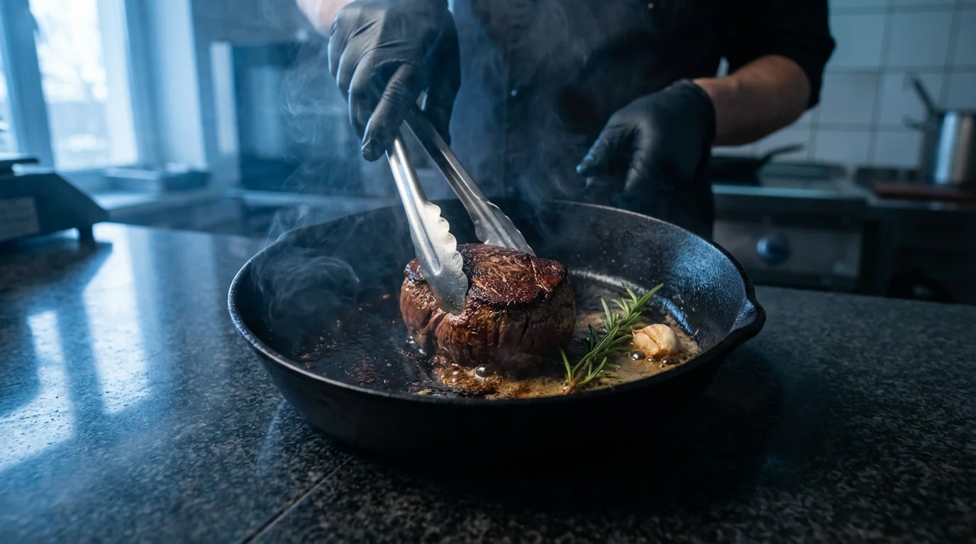 A chef searing a thick filet mignon steak in a cast-iron skillet during blue hour.