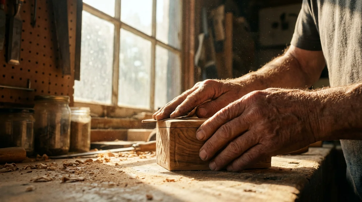A close-up low angle shot of an older man's hands sanding a small wooden box.