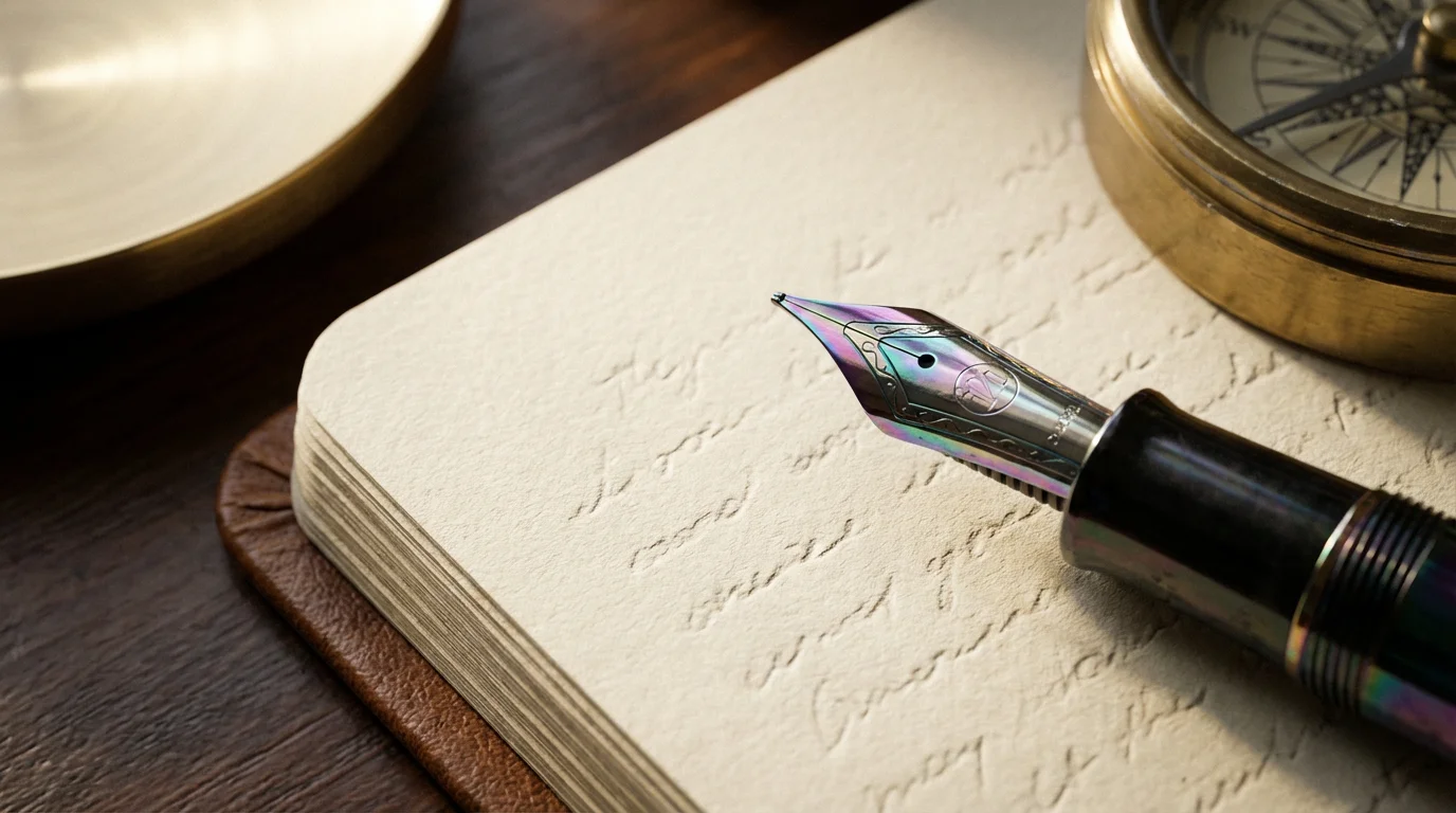 A close-up macro photo of a fountain pen and compass on an open journal.