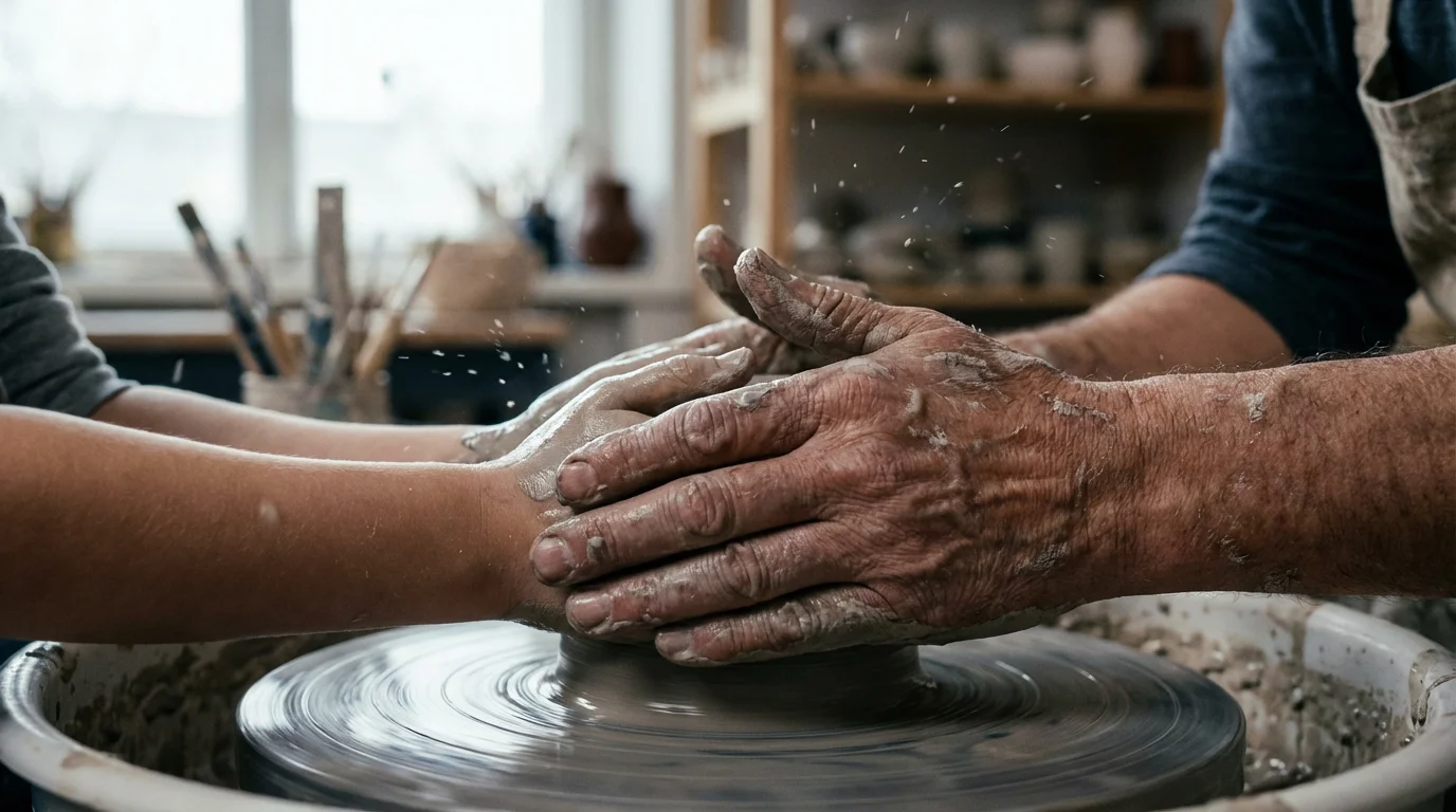 A close-up macro photo of a mentor's hands guiding a student's on a pottery wheel.