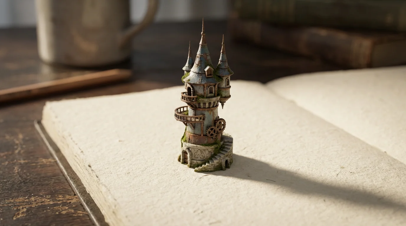 A close-up macro photo of a tiny, detailed fantasy tower on a blank notebook page.