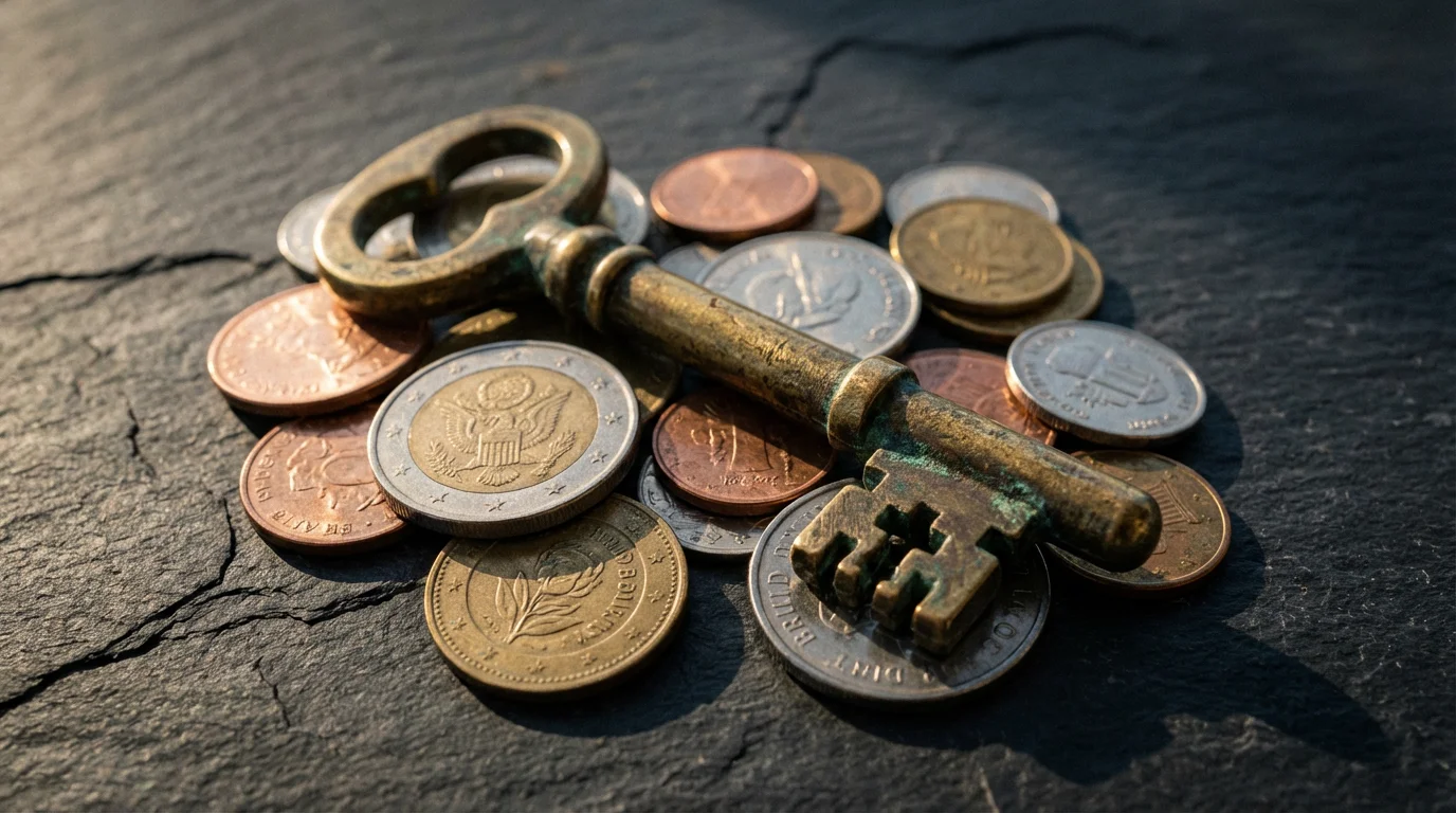 A close-up macro photo of a vintage brass key and international coins symbolizing travel savings.