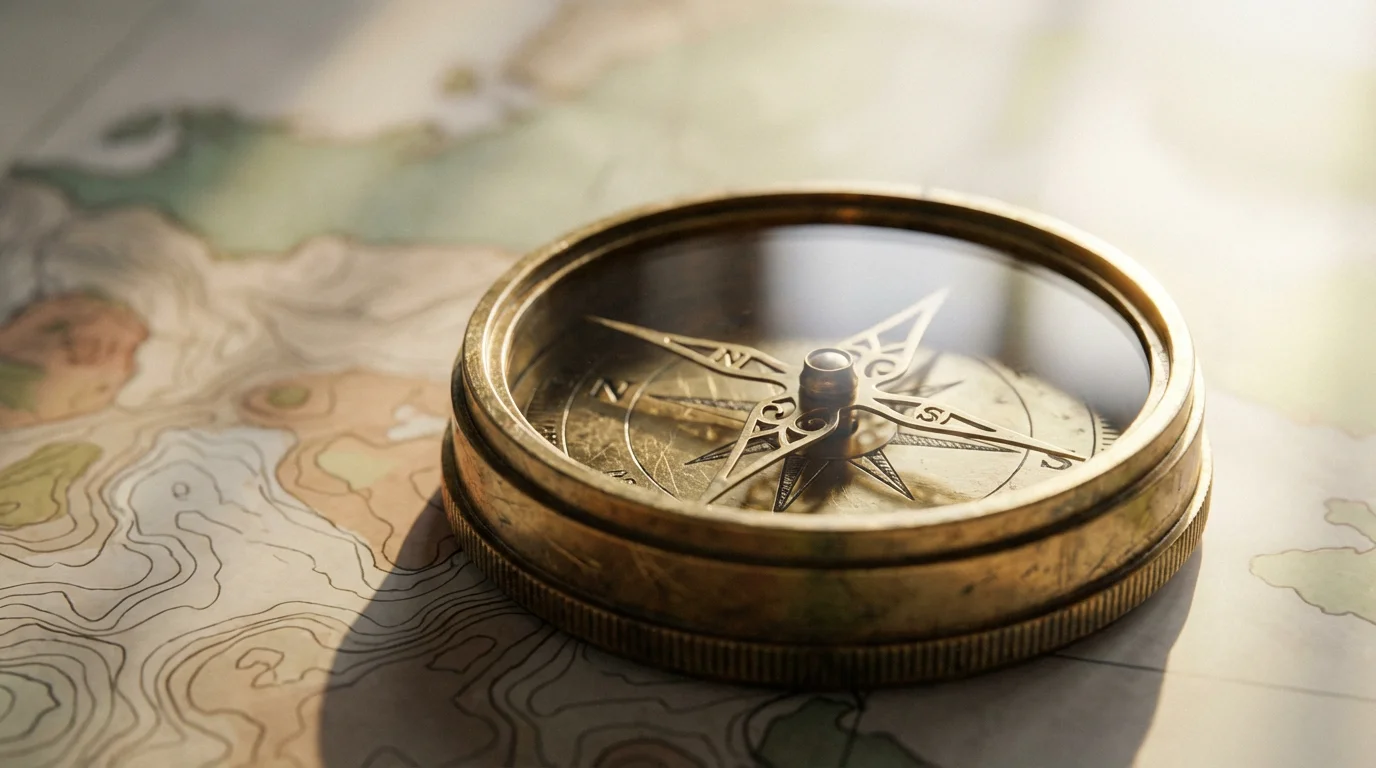 A close-up macro photo of a vintage brass compass on an abstract map.