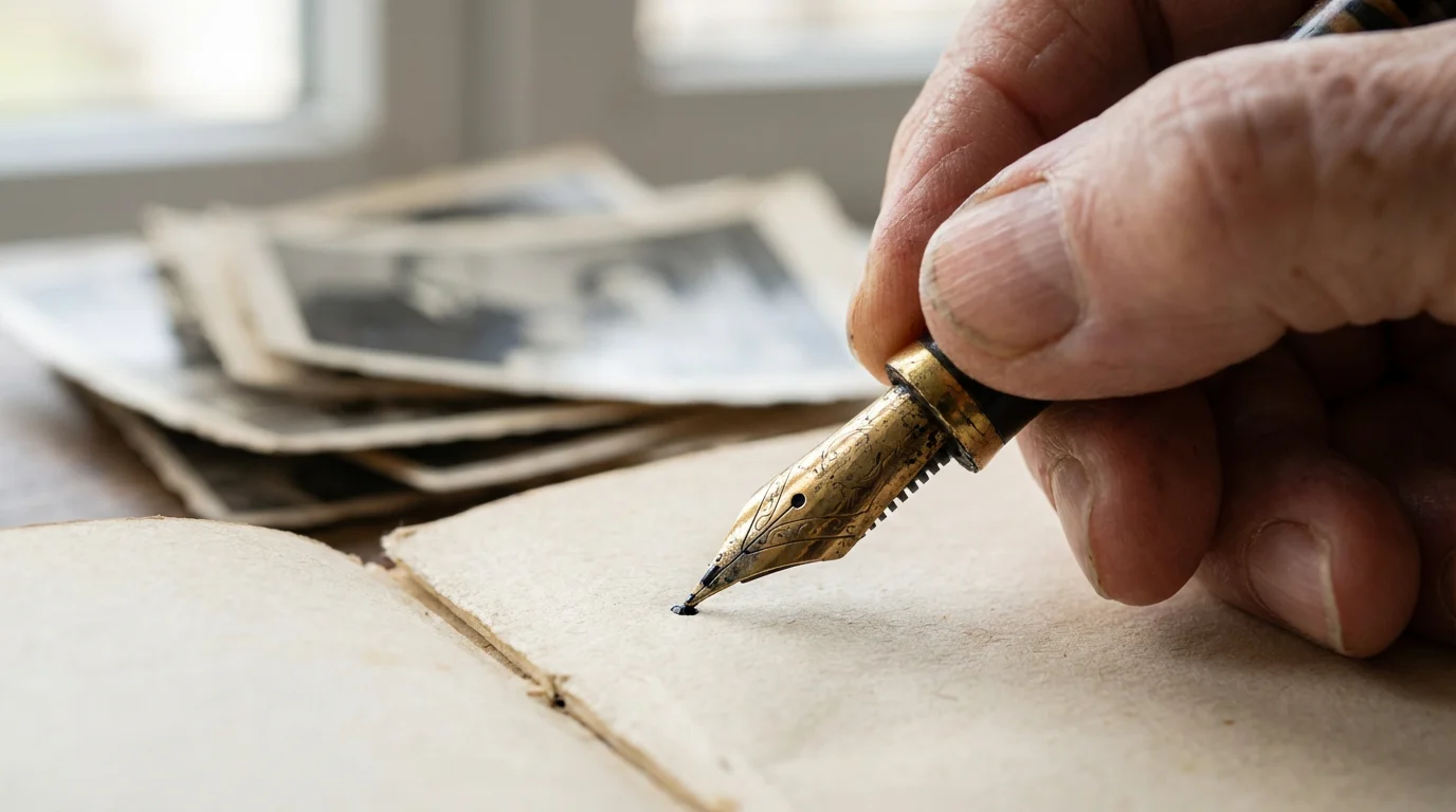 A close-up macro photo of an elderly person's hand writing in a journal.