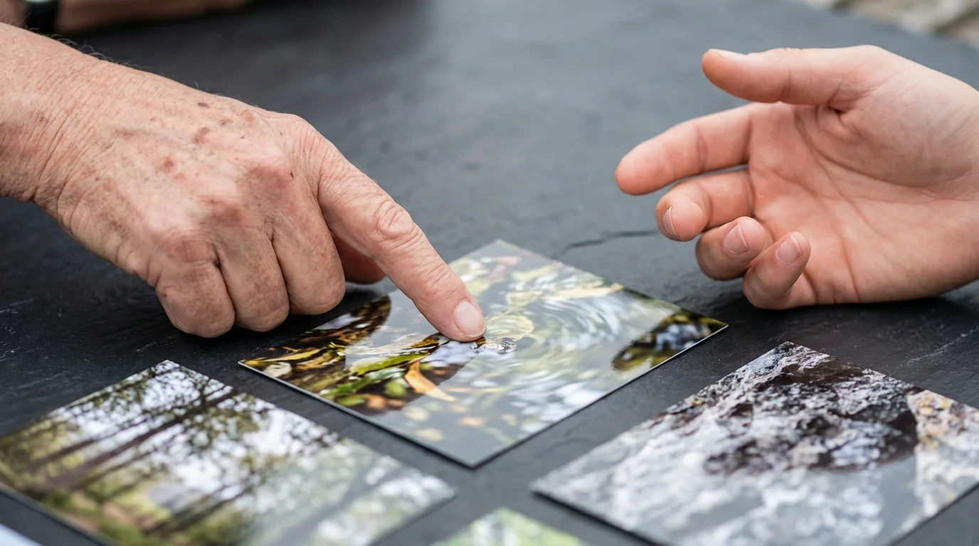A close-up macro photo of an older and younger hand examining photographic prints together.