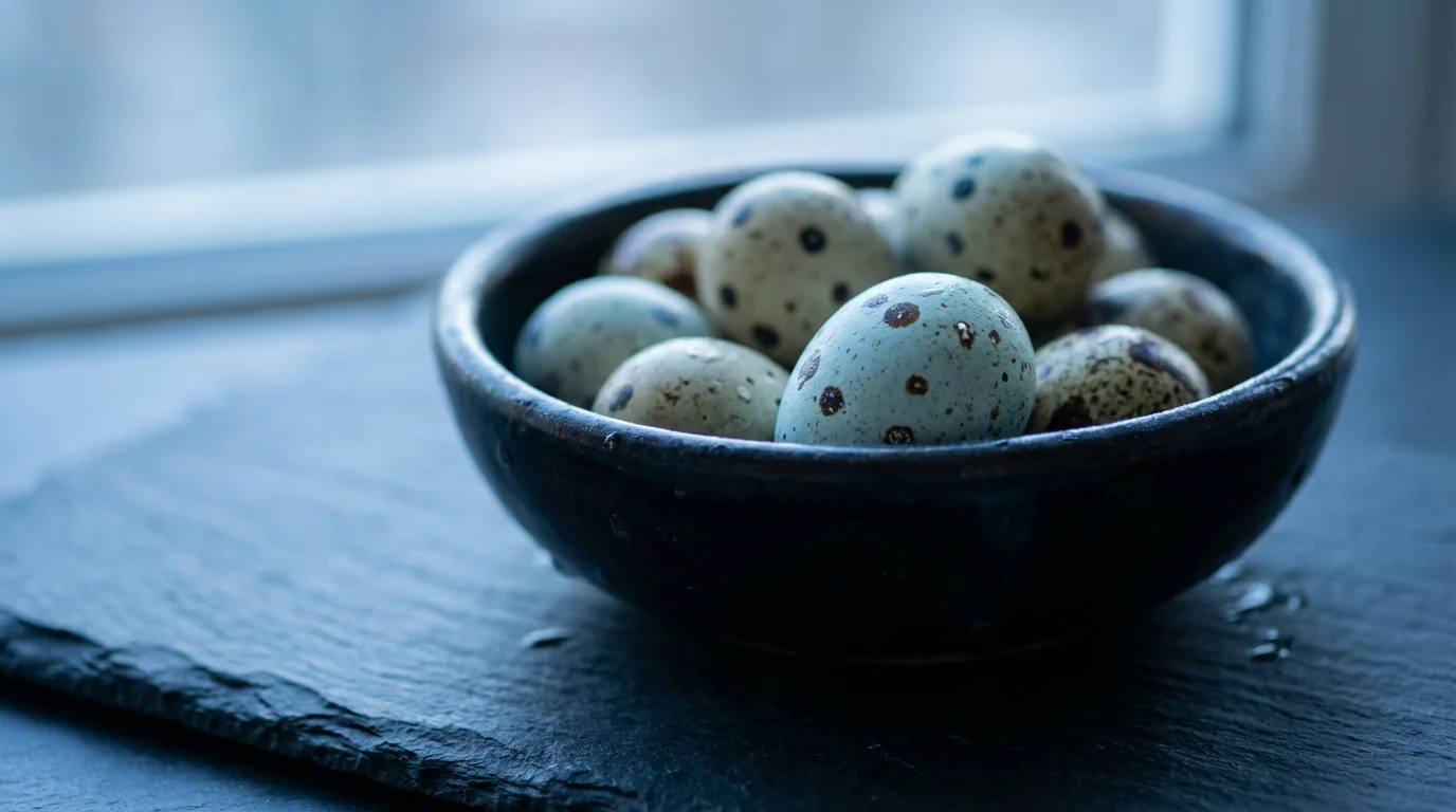 A close-up macro photo of diverse, speckled quail eggs in a simple ceramic bowl.
