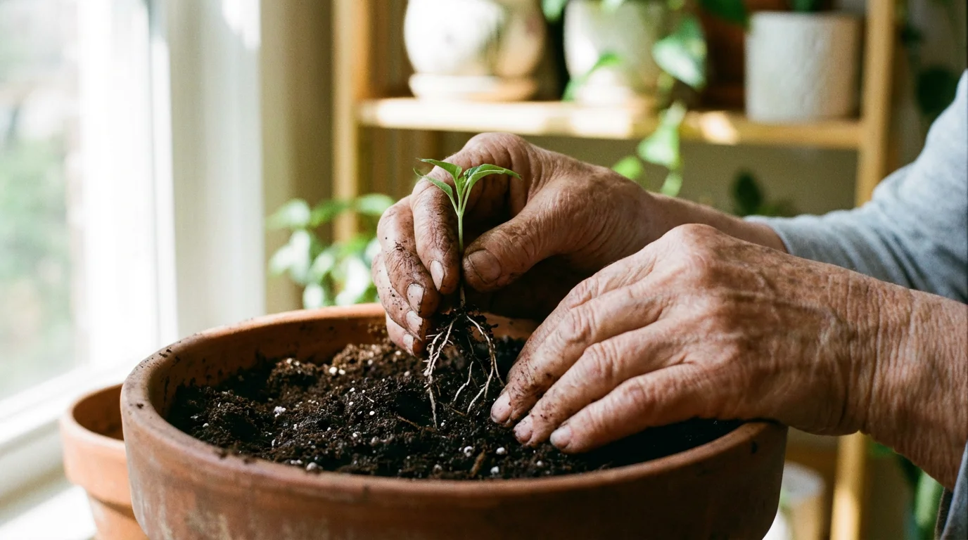 A close-up macro photo of experienced hands gently potting a small green seedling.