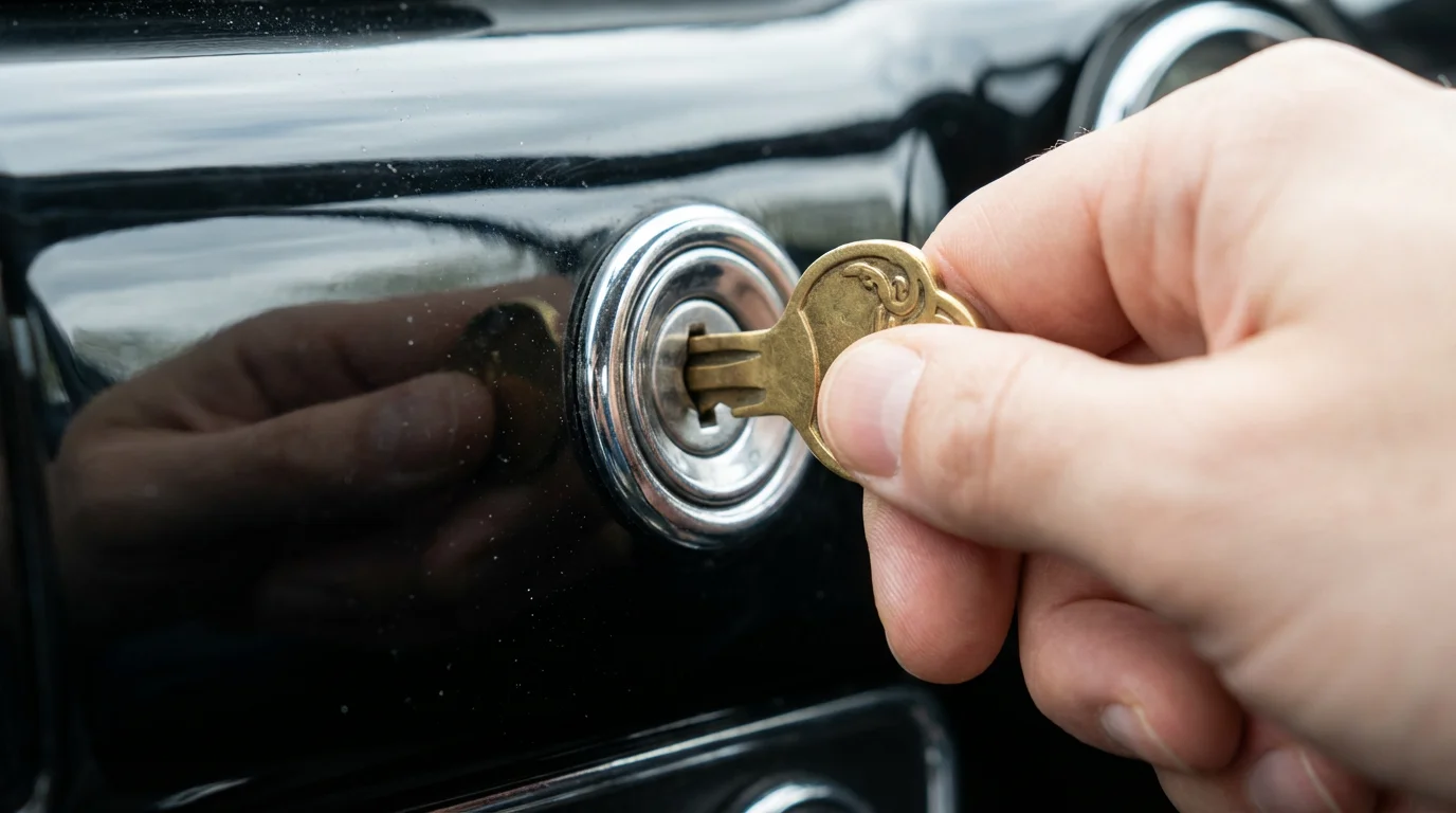 A close-up macro photograph of a hand inserting a key into a classic car's ignition.