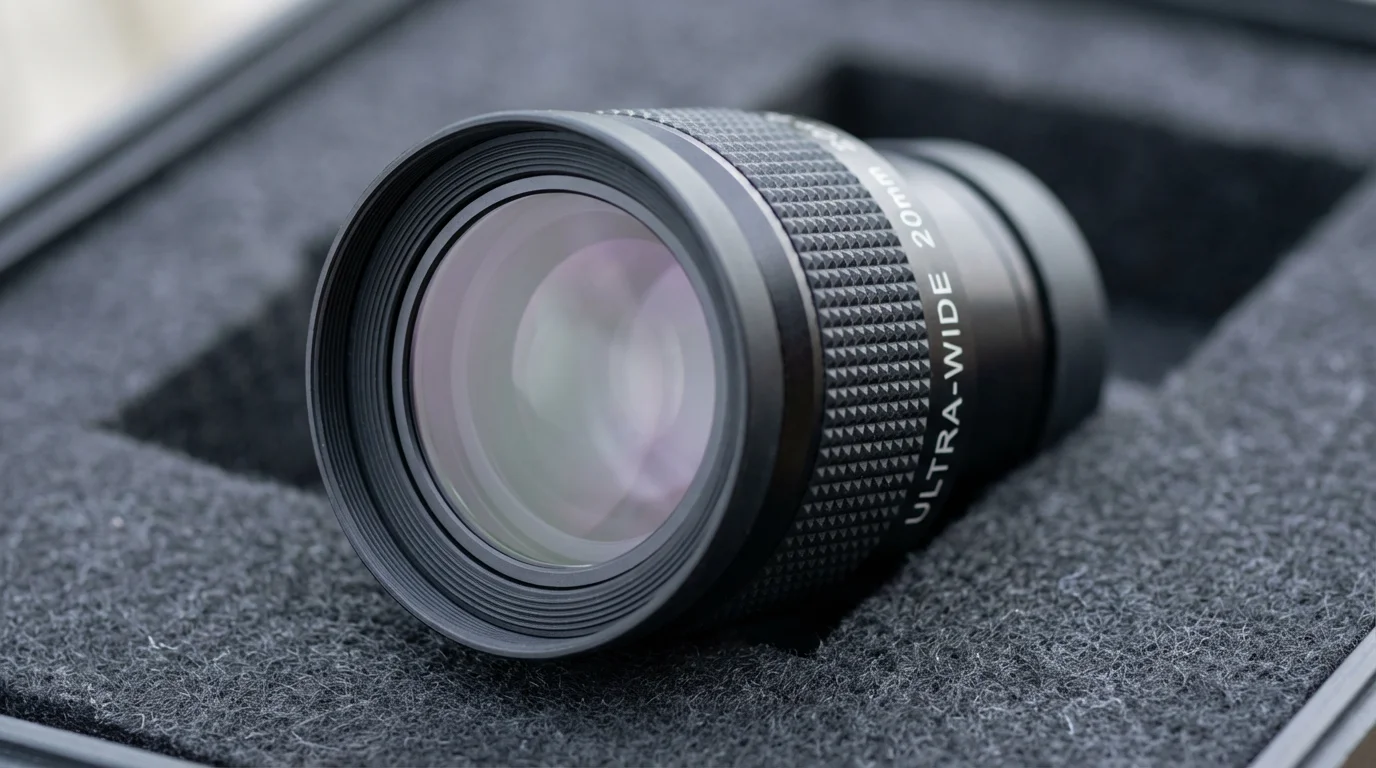 A close-up macro photograph of a professional telescope eyepiece on a dark background.