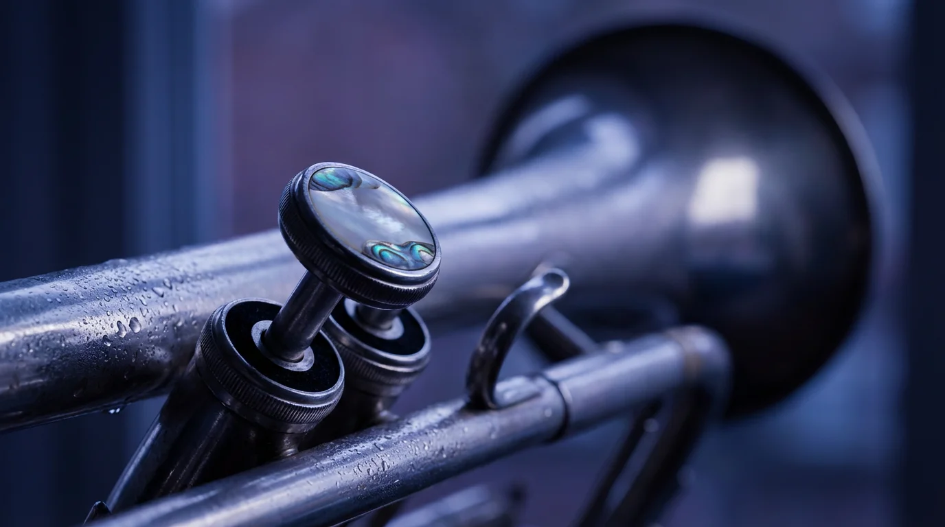 A close-up macro photograph of a trumpet's valve keys at blue hour.
