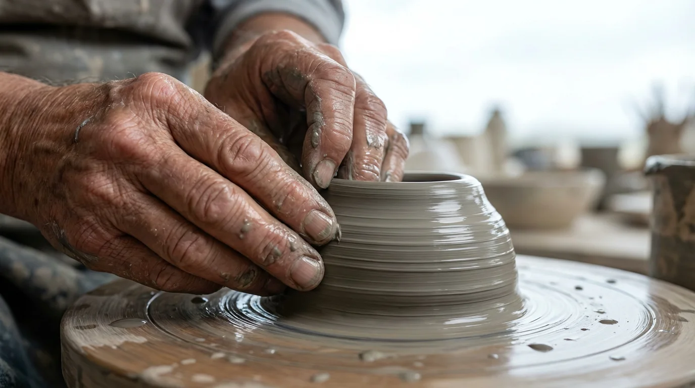 A close-up macro photograph of senior hands shaping wet clay on a pottery wheel.