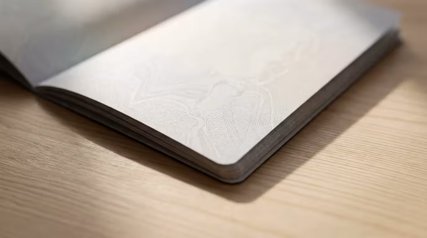 A close-up macro photograph of the blank pages inside an open passport.