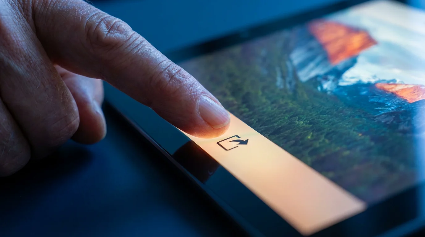 A close-up of a finger hovering over a share icon on a tablet screen.