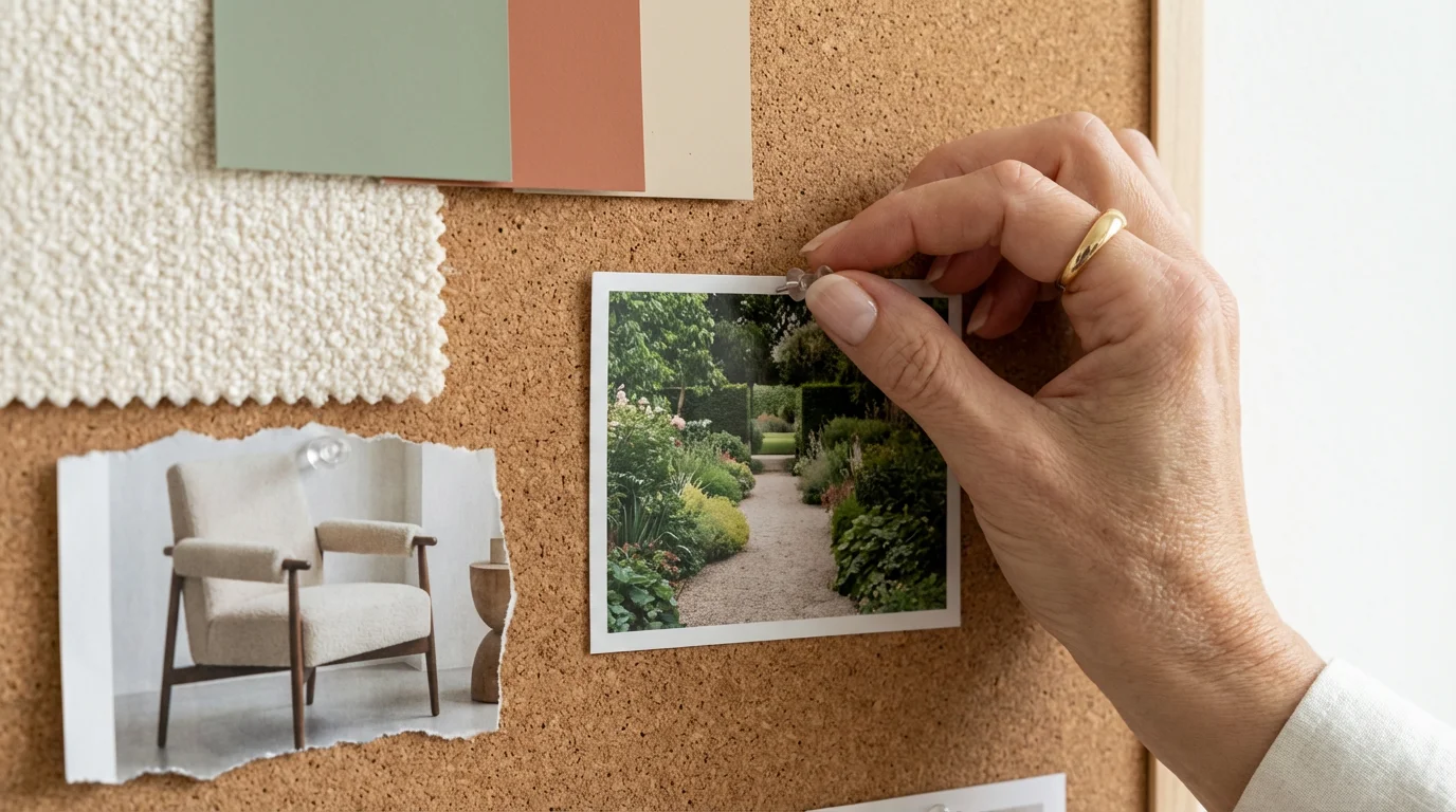 A close-up of a hand pinning images and fabric swatches to a home renovation vision board.
