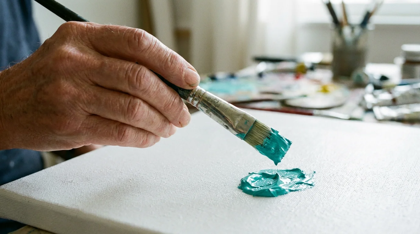 A close-up of a senior's hand holding a paintbrush with turquoise paint over a canvas.