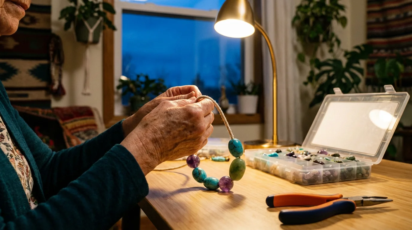 A close-up of a senior's hands stringing large beads to make jewelry at dusk.