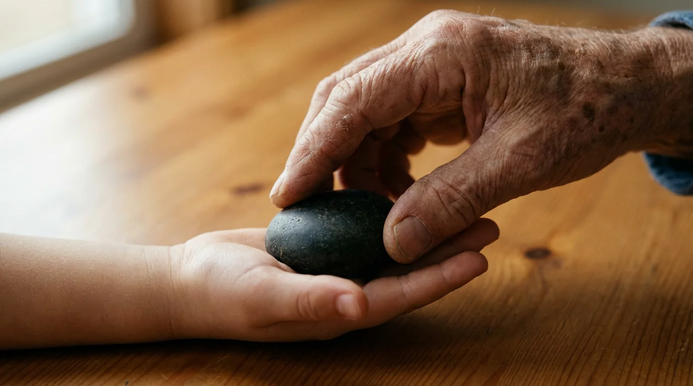 A close-up of an elderly hand giving a smooth stone to a child's hand.