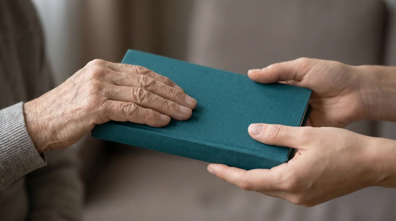 A close-up of an older person's hands giving a blank hardcover book to younger hands.