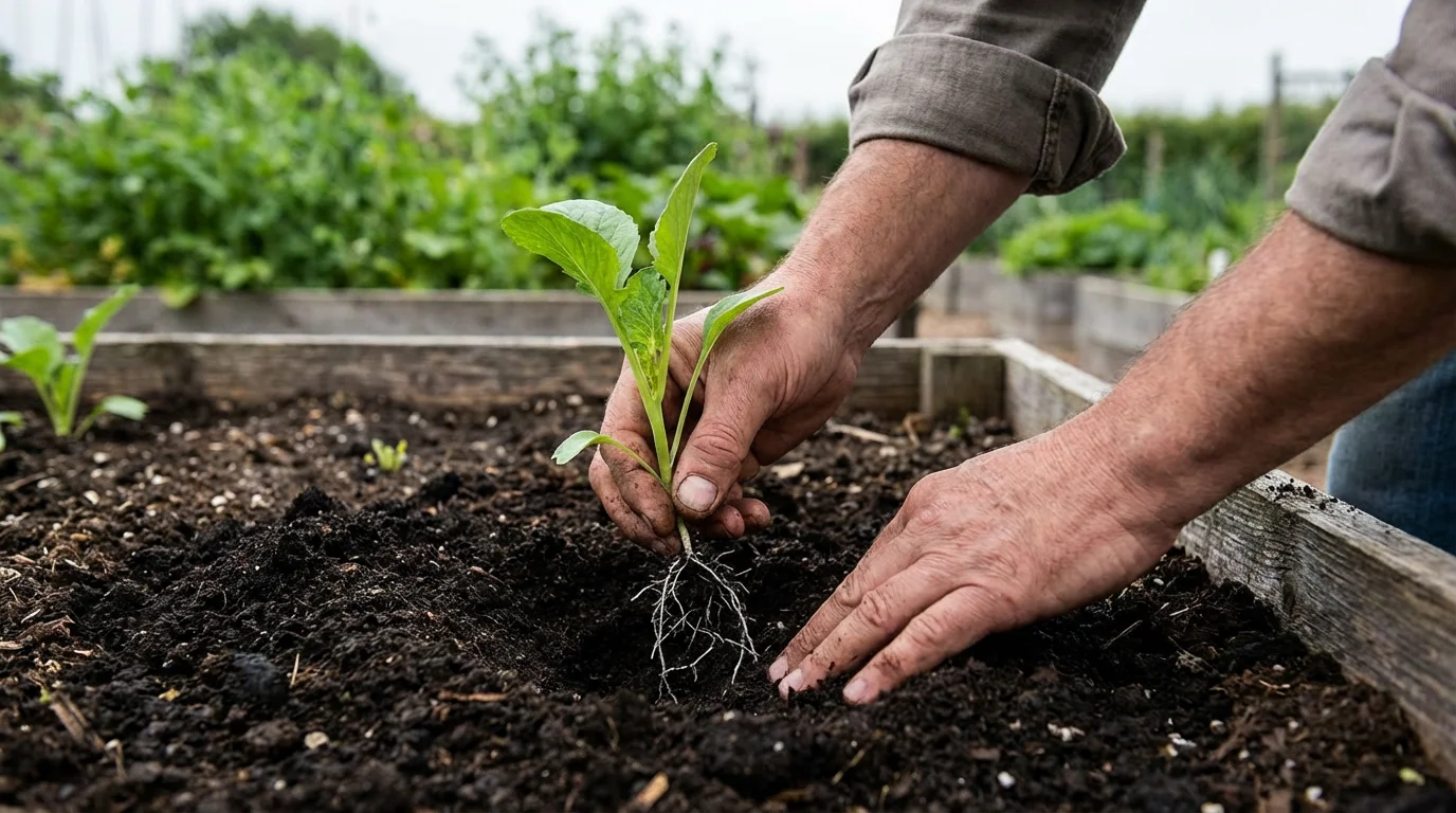 A close-up of hands gently planting a small green seedling into rich garden soil.