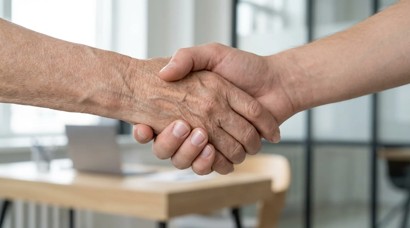 A close-up photograph of an older hand shaking a younger hand in agreement.