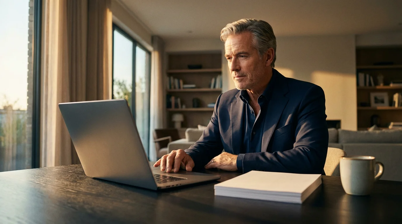 A confident senior man working on a laptop at a modern desk during sunset.