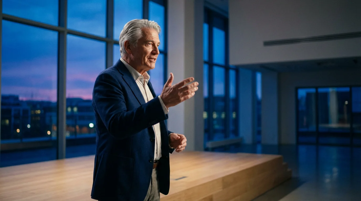 A distinguished senior man speaks confidently on a small stage at dusk.