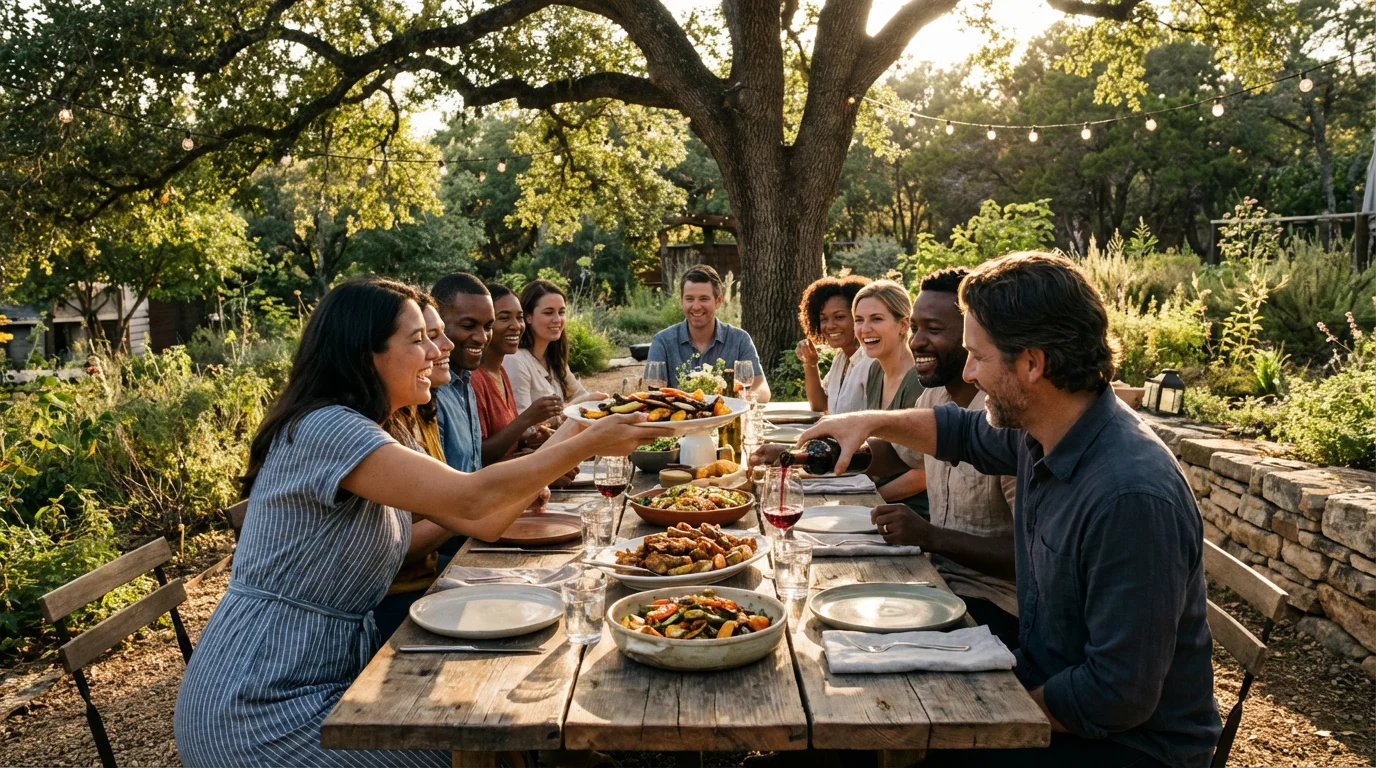 A diverse group of friends laughing and sharing food at a backyard dinner party.