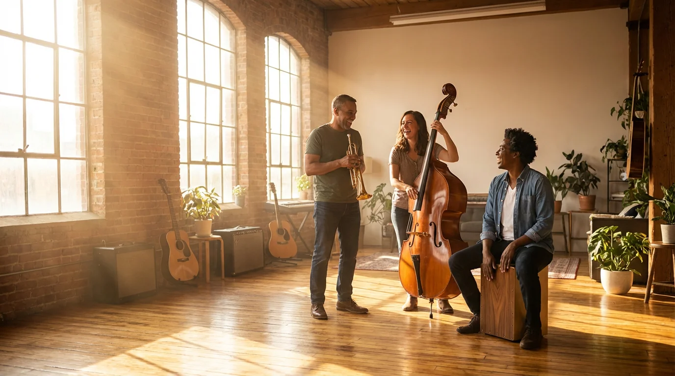 A diverse group of older adults enjoys a morning music jam session in a loft.