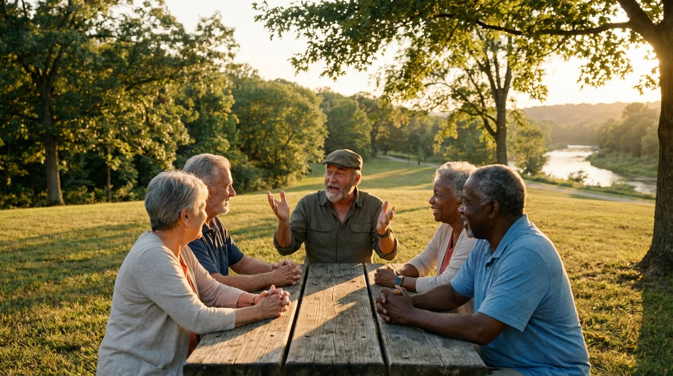 A diverse group of older adults in thoughtful discussion at a park during sunset.