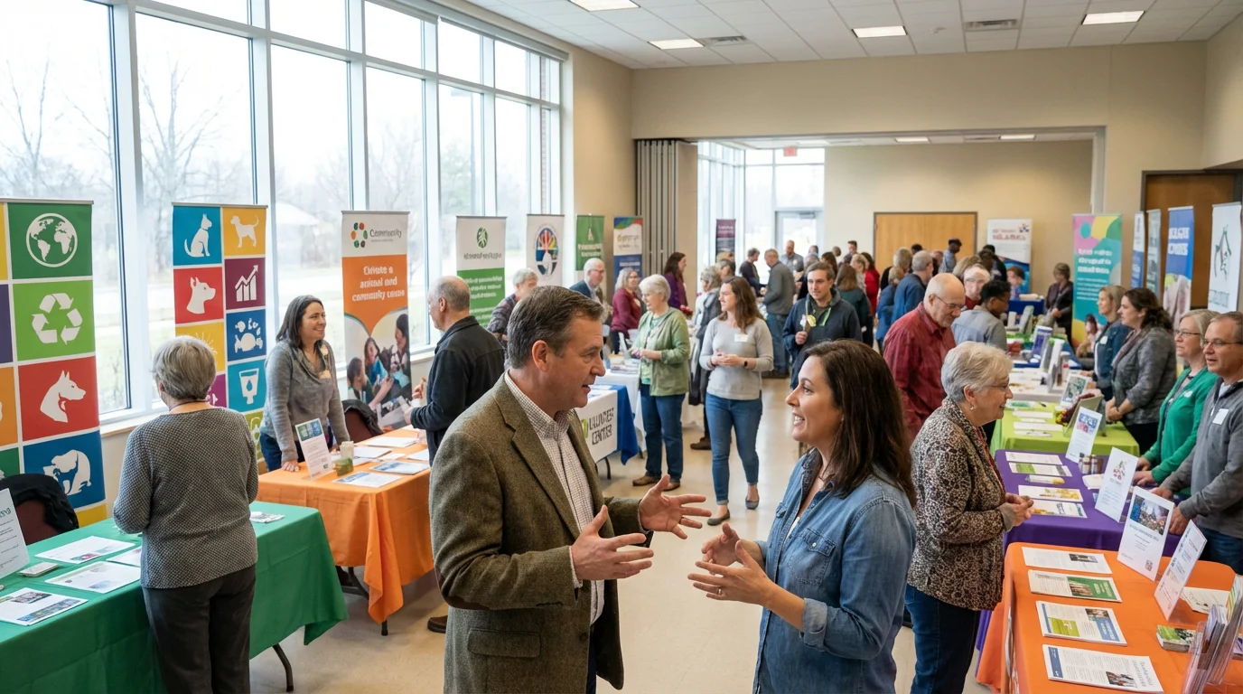 A diverse group of people at a bright community center volunteer fair.