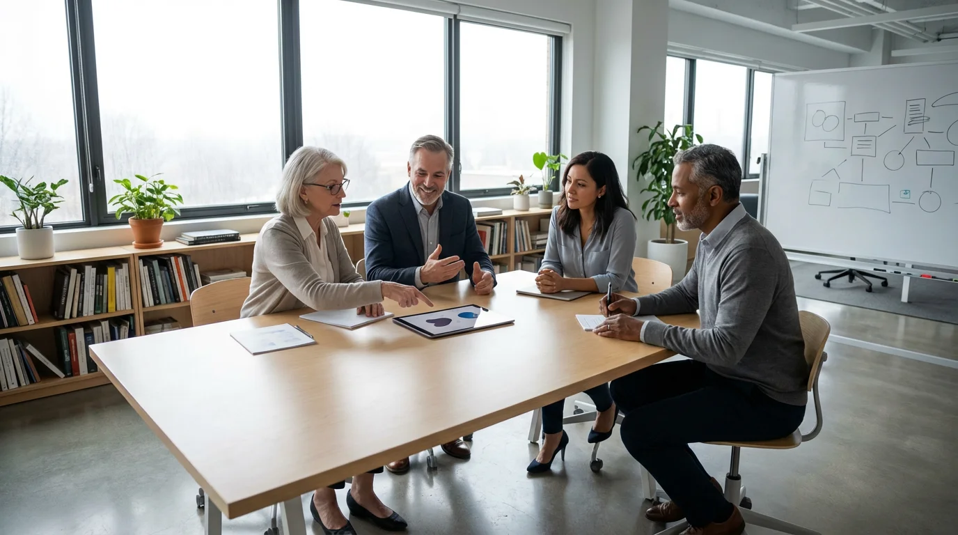 A diverse group of professionals collaborating together in a bright, modern workshop space.