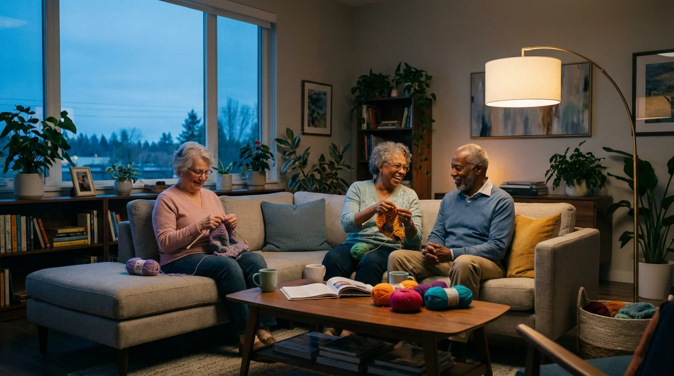 A diverse group of retirees enjoy knitting and crocheting together in a cozy room.