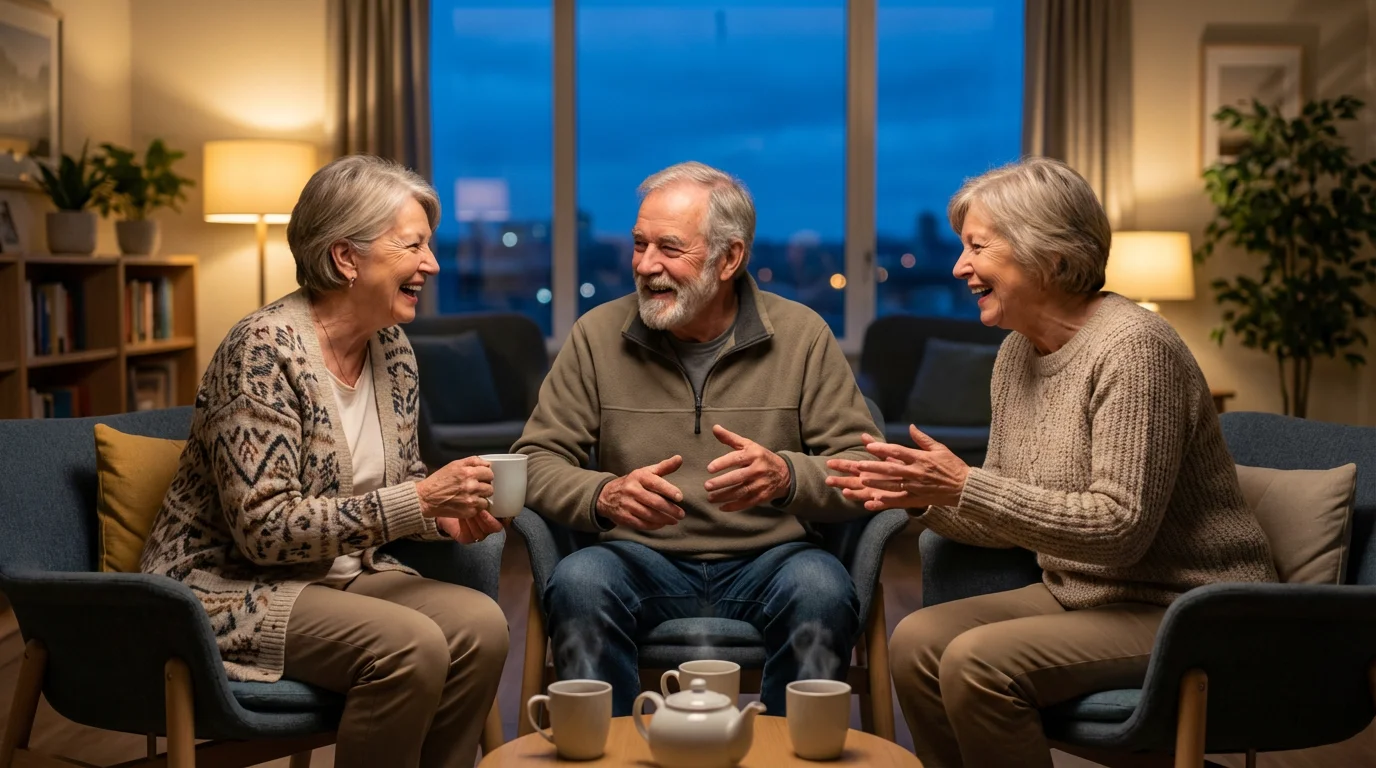 A diverse group of seniors chatting warmly in a community lounge at twilight.
