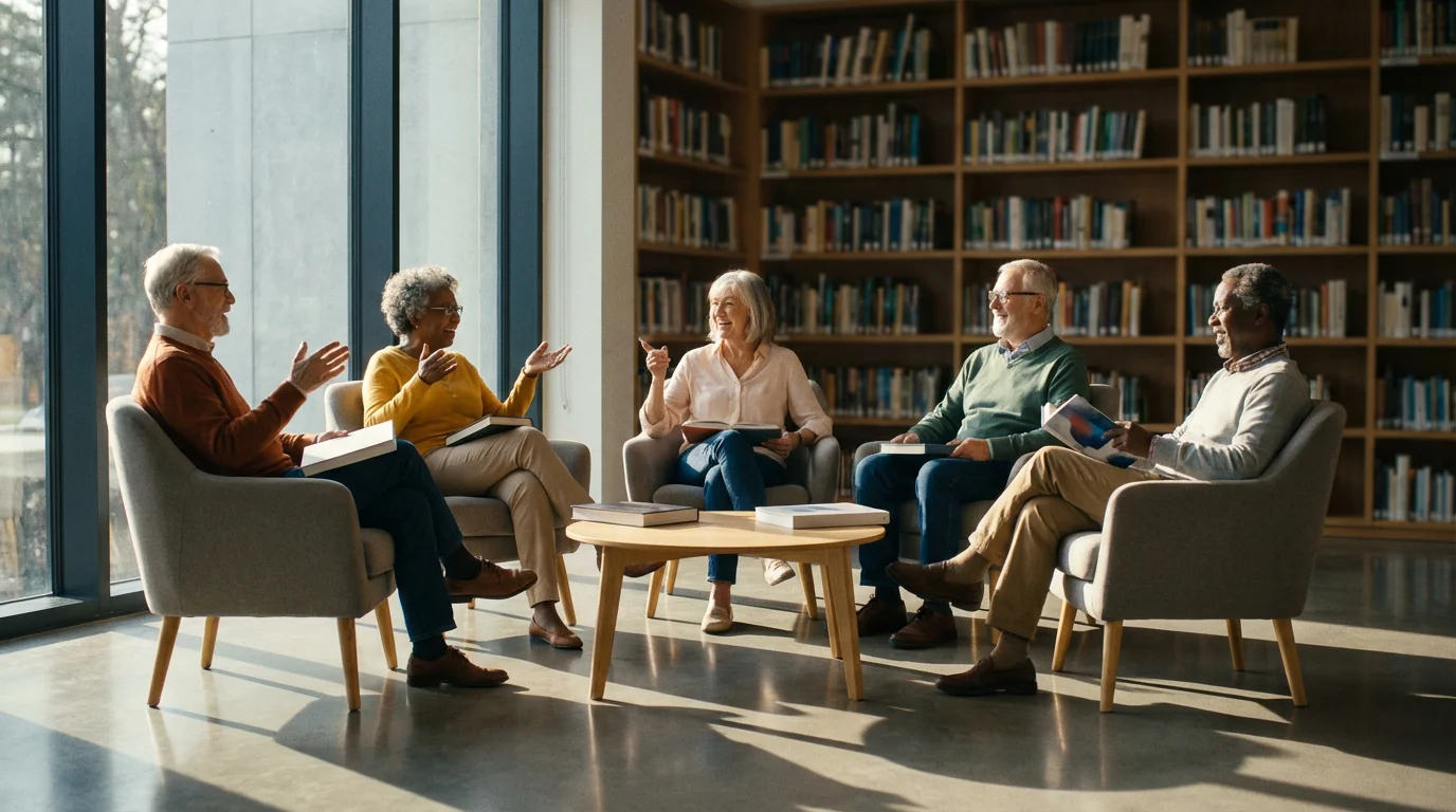 A diverse group of seniors engaged in a lively book club discussion in a library.