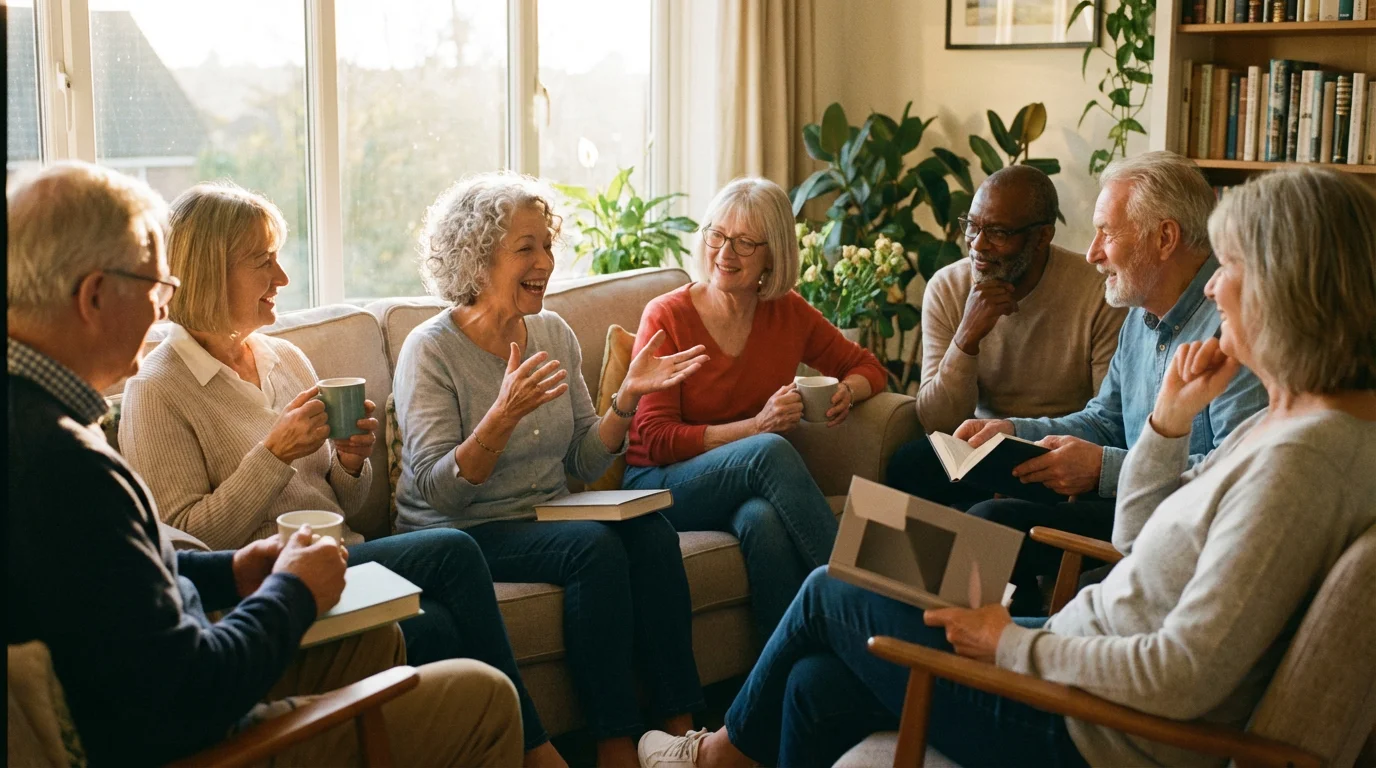 A diverse group of seniors enjoying a lively book club discussion at sunset.