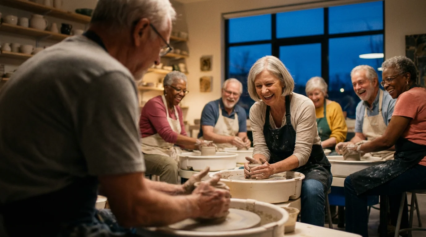 A diverse group of seniors enjoying an evening pottery class in a cozy studio.