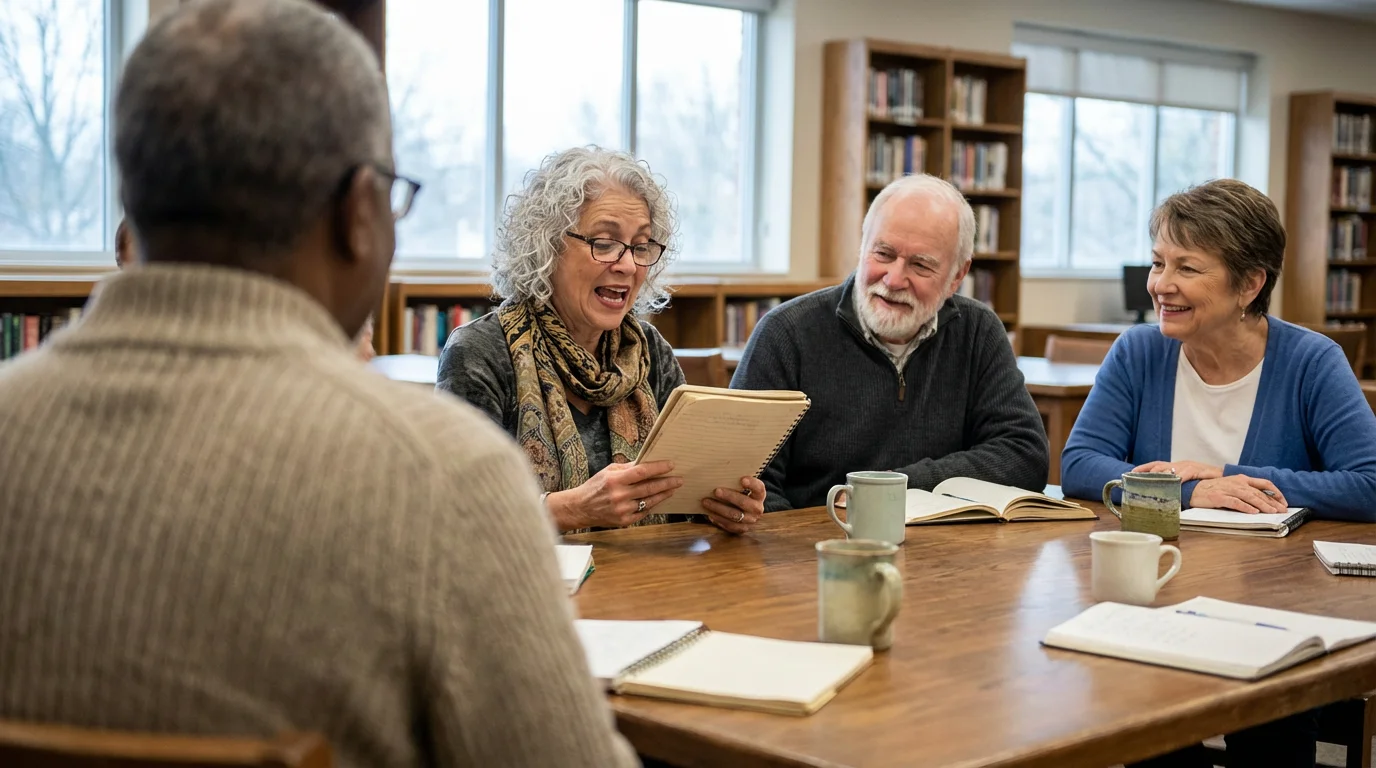 A diverse group of seniors enthusiastically participating in a poetry workshop in a library.
