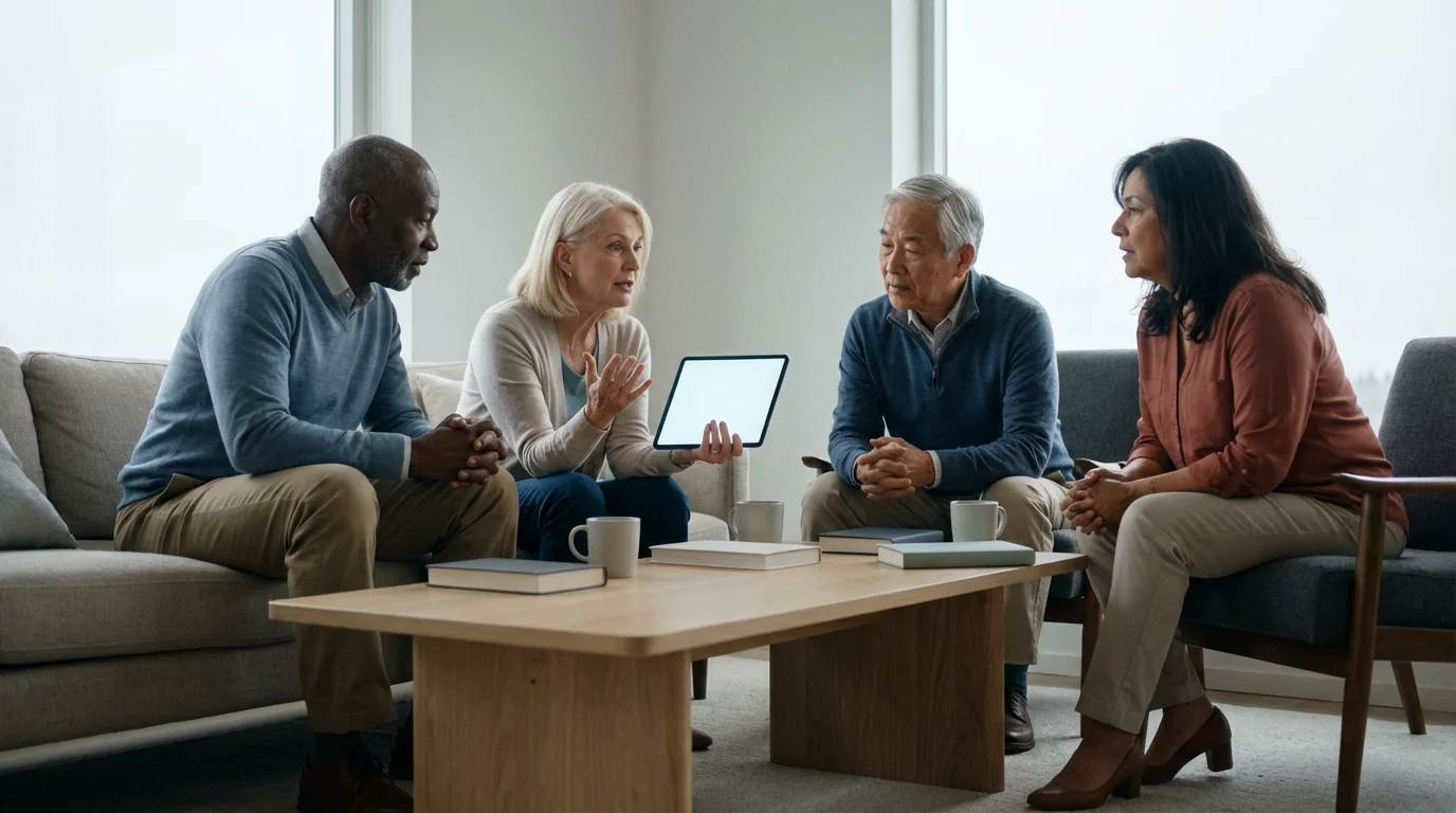 A diverse group of seniors in a modern living room discussing something on a tablet.