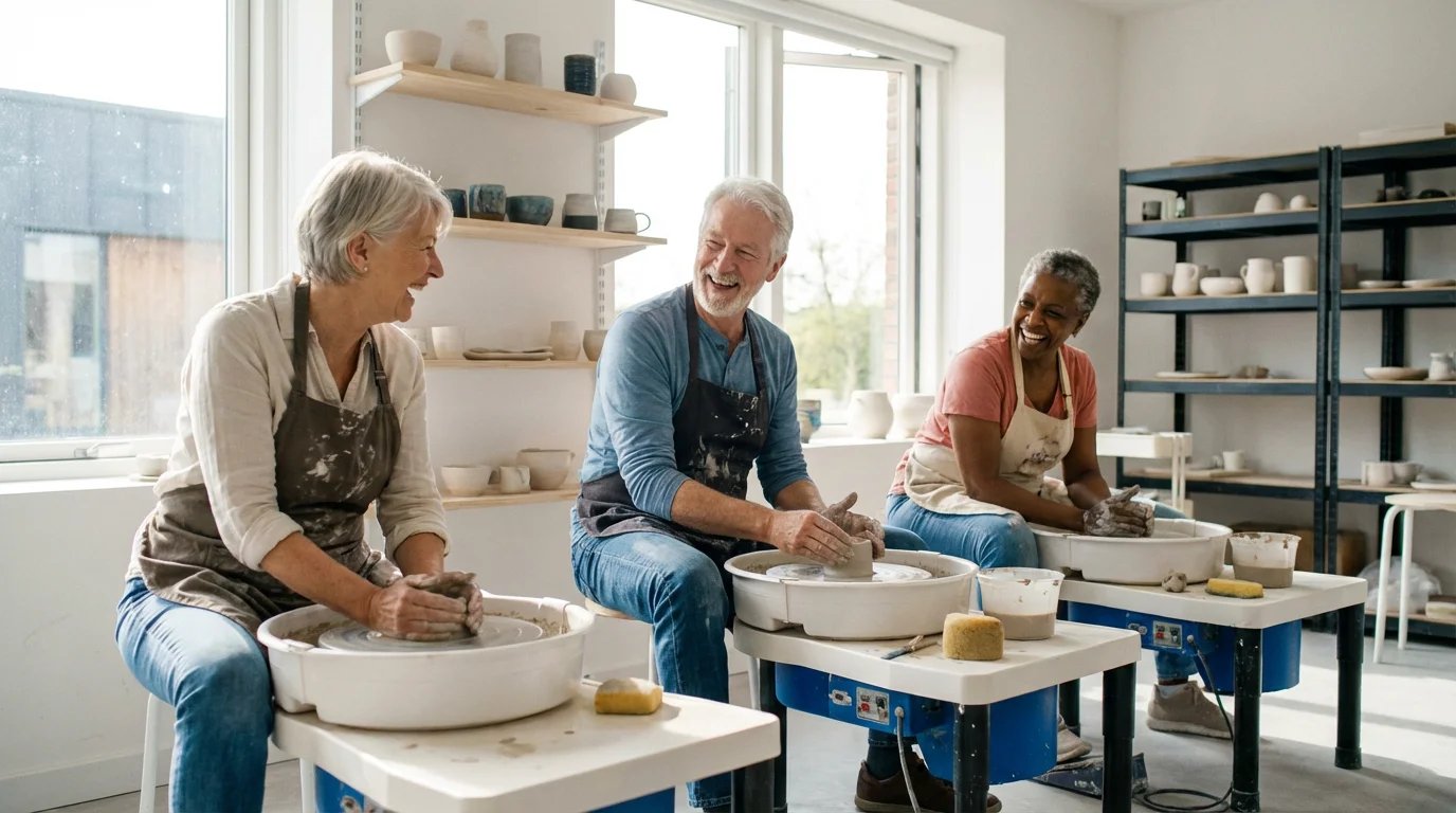 A diverse group of seniors laughing together during a pottery class in a sunlit studio.