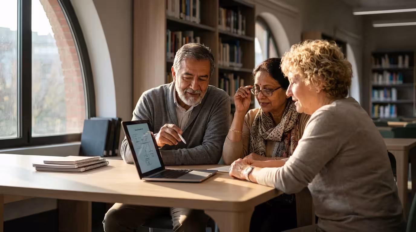 A diverse group of seniors learning together on a laptop in a sunlit library.