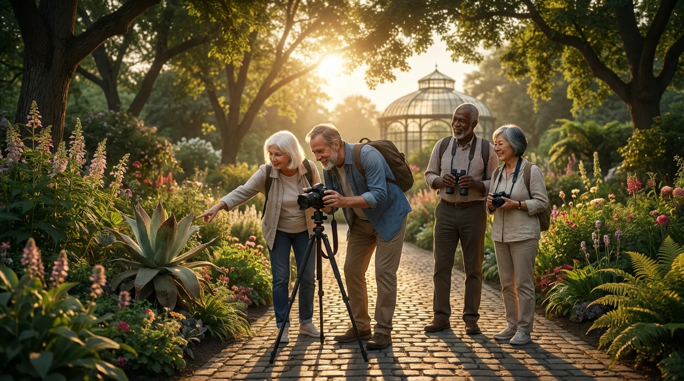 A diverse group of seniors with cameras enjoying a photo walk in a botanical garden.
