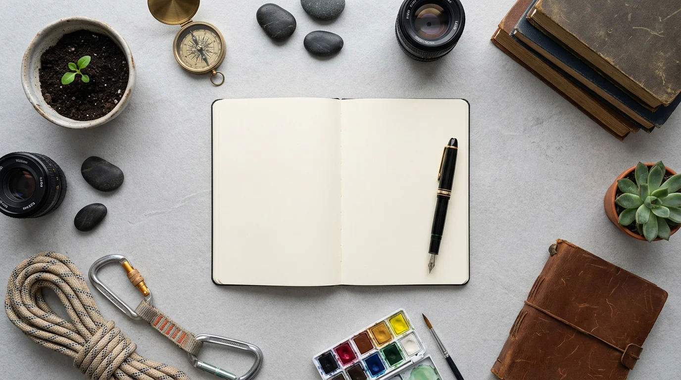 A flat lay of a blank journal, compass, and a small plant sprout.