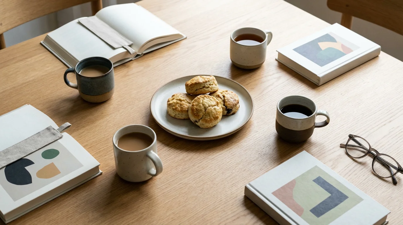 A flat lay of a book club table with several books and mugs of coffee.