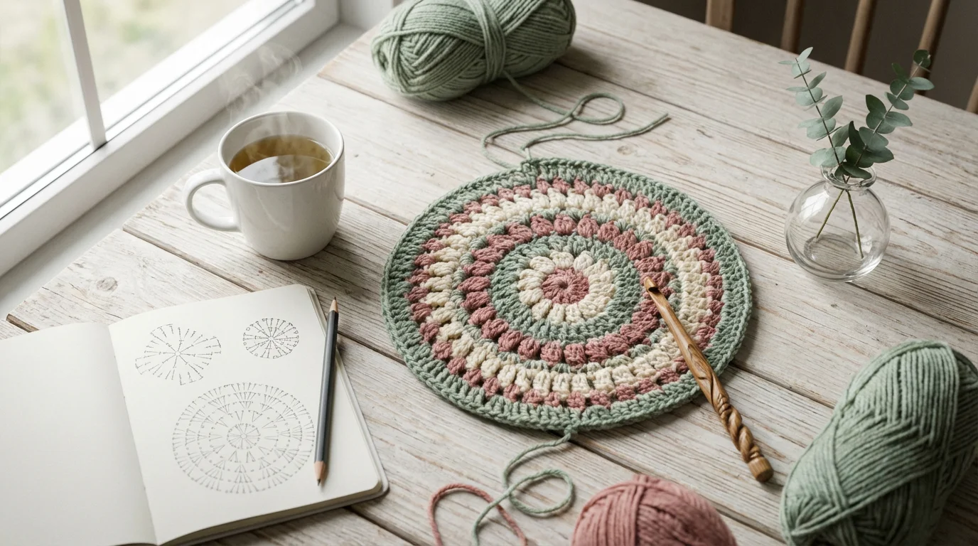 A flat lay of a crochet project, a cup of tea, and a journal.