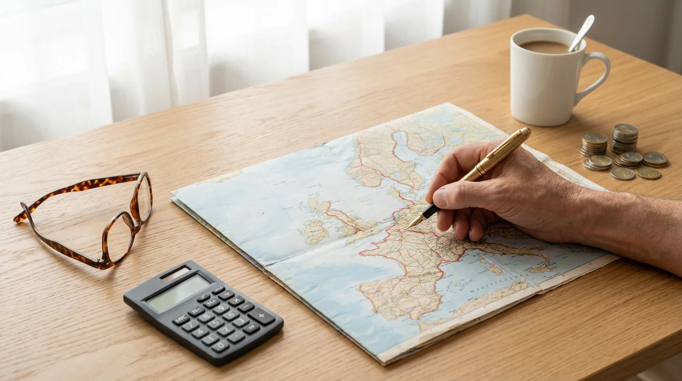 A flat lay of a desk with a hand drawing a route on a map.