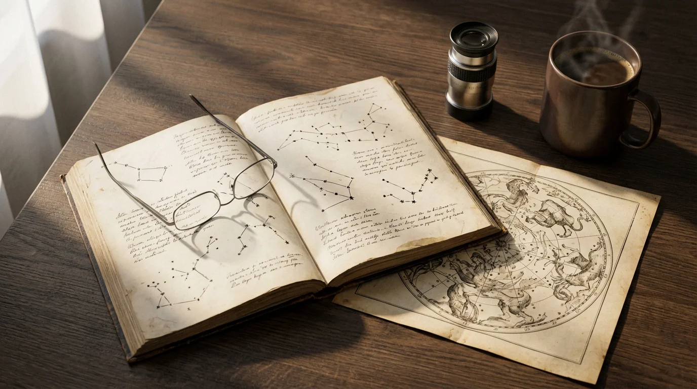 A flat lay of a journal with constellation drawings, a star chart, and coffee.