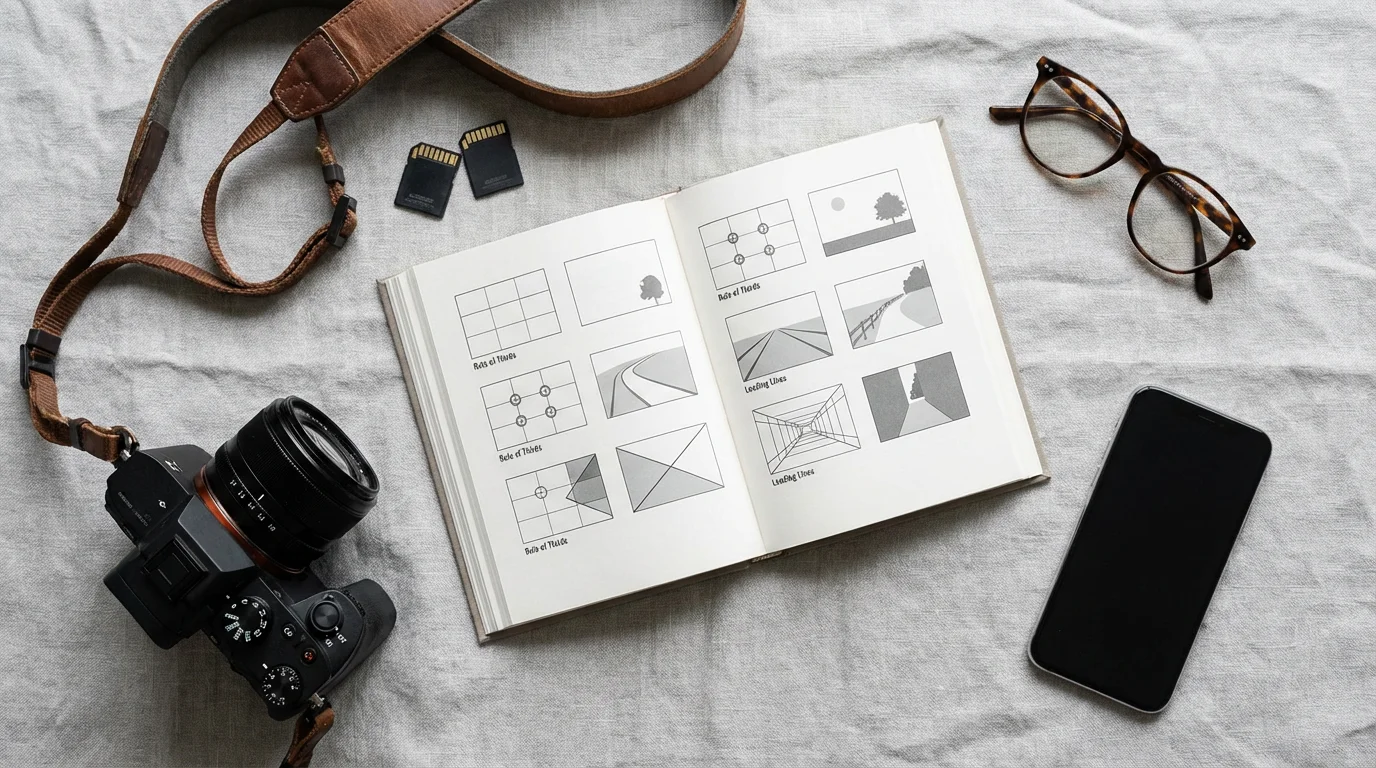 A flat lay of a mirrorless camera, smartphone, and photography guide book on a tabletop.