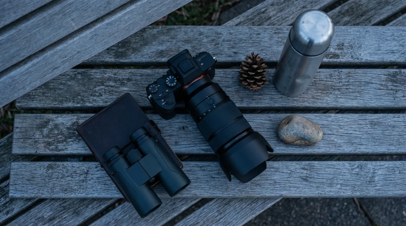 A flat lay of a modern camera, binoculars, and nature items on a bench.