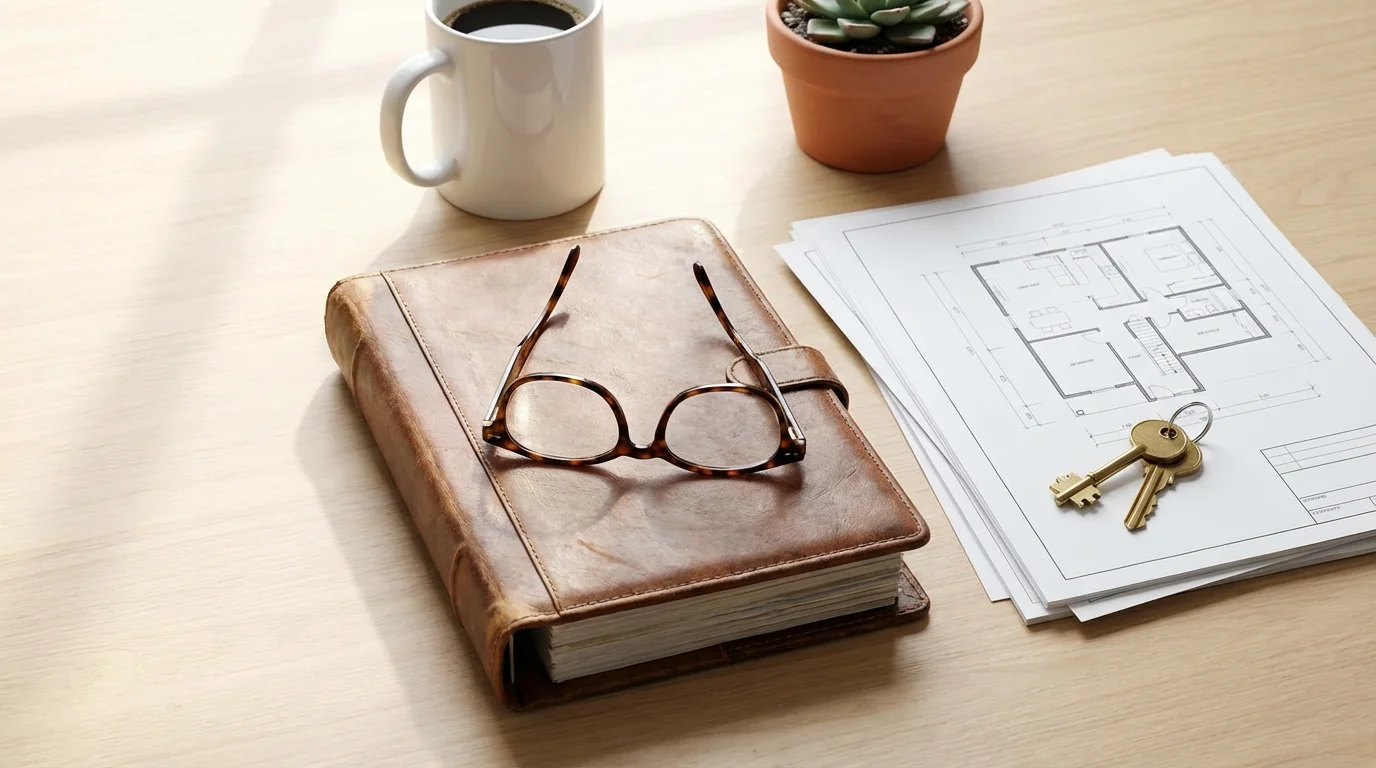 A flat lay of a planner, keys, and coffee, symbolizing starting a franchise in retirement.