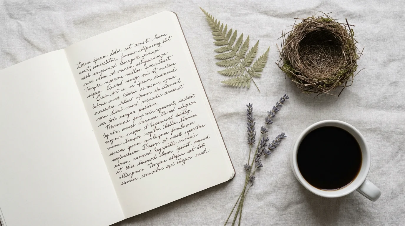 A flat lay of a poet's open journal, coffee, and collected natural objects.